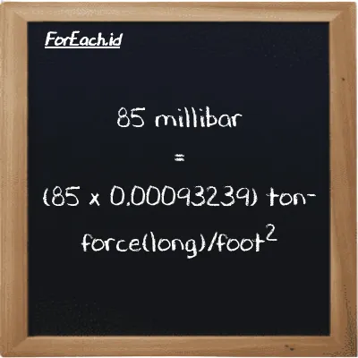 How to convert millibar to ton-force(long)/foot<sup>2</sup>: 85 millibar (mbar) is equivalent to 85 times 0.00093239 ton-force(long)/foot<sup>2</sup> (LT f/ft<sup>2</sup>)